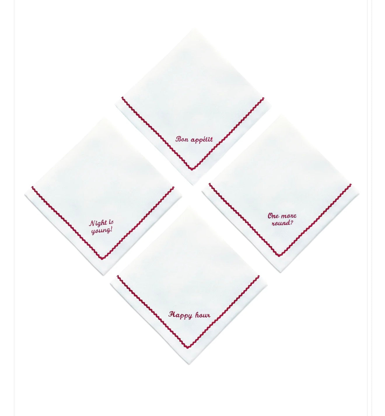 Greetings - Set of 4 Zigzag Napkins with Red Embroidery on White - 40x40 cm